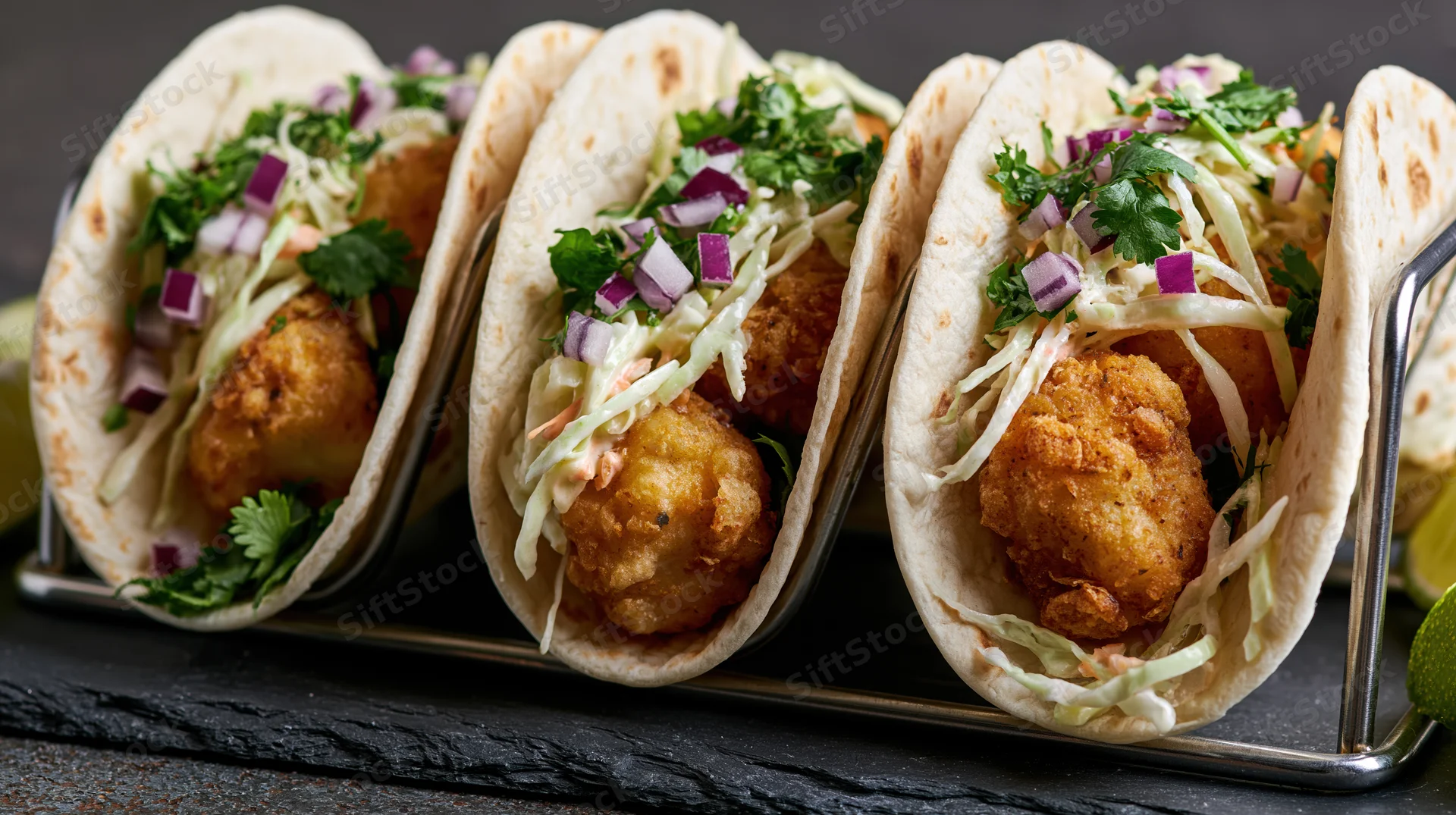 Three fish tacos in soft flour tortillas filled with fried fish, shredded cabbage, cilantro, and red onion, held upright in a metal taco holder on a dark slate surface