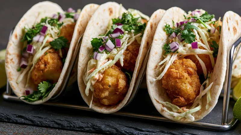 Three fish tacos in soft flour tortillas filled with fried fish, shredded cabbage, cilantro, and red onion, held upright in a metal taco holder on a dark slate surface