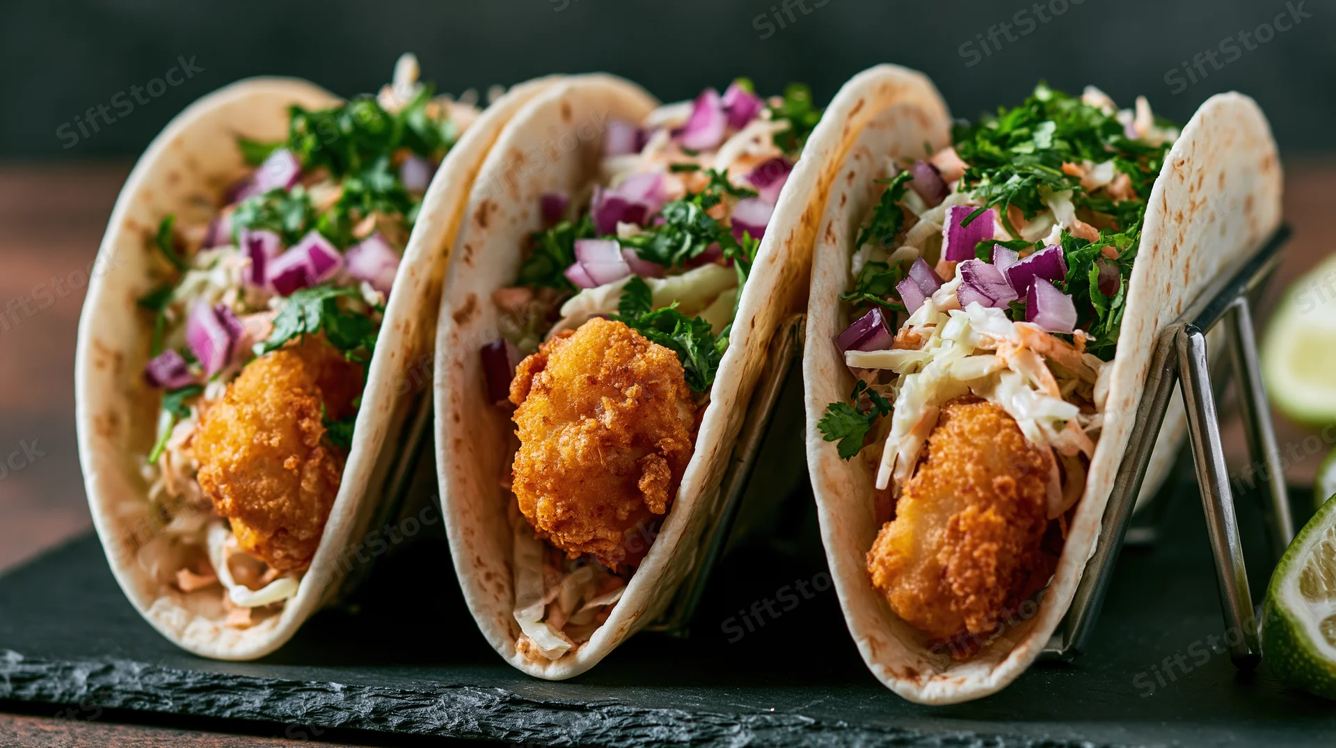 Three fish tacos in soft flour tortillas held upright in a metal stand on a slate platter with lime wedges nearby
