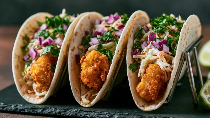 Three fish tacos in soft flour tortillas held upright in a metal stand on a slate platter with lime wedges nearby