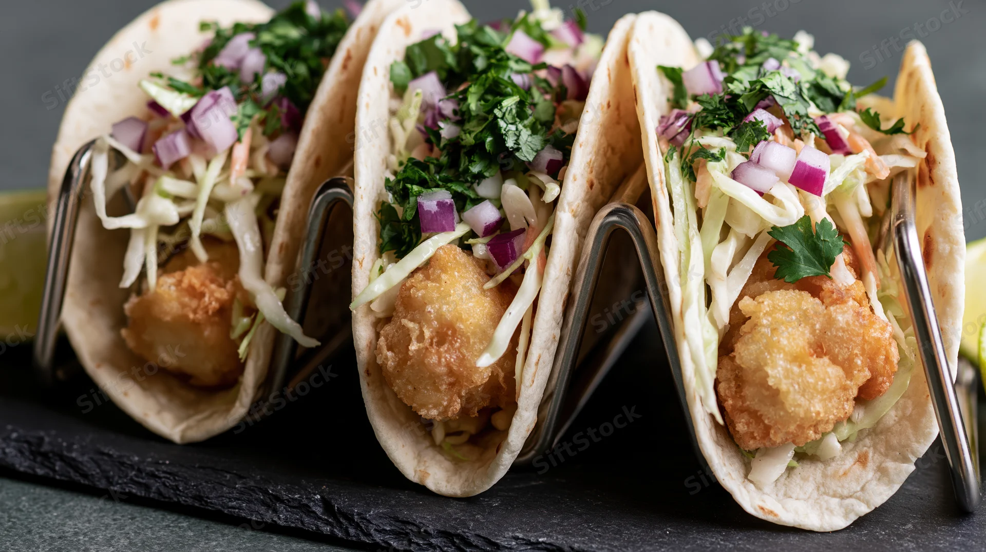 Three fish tacos in soft flour tortillas held upright in a metal taco stand on a black slate surface