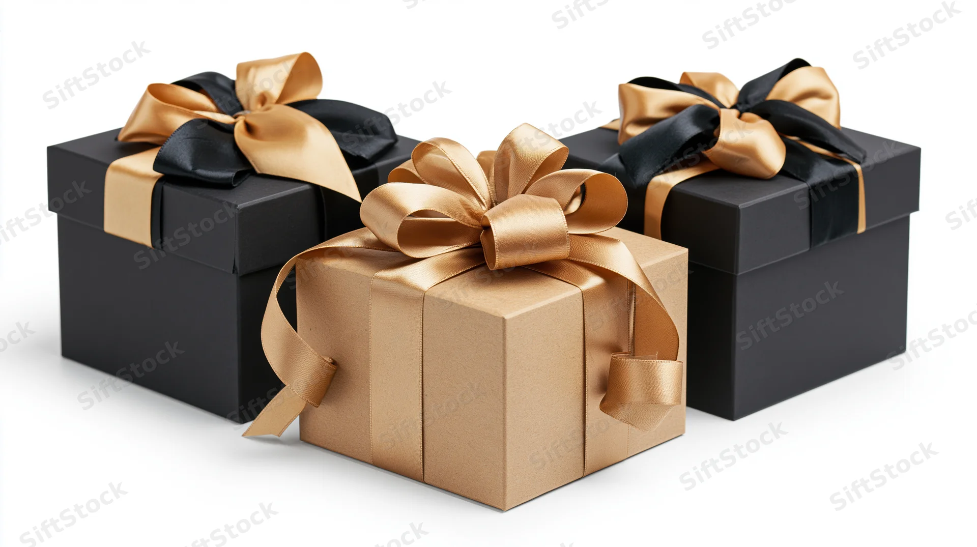 Three gift boxes with black and gold ribbons arranged on white background