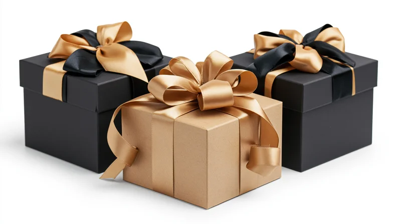 Three gift boxes with black and gold ribbons arranged on white background