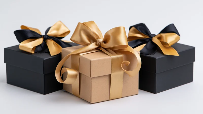 Three gift boxes with black and gold ribbons arranged on white background