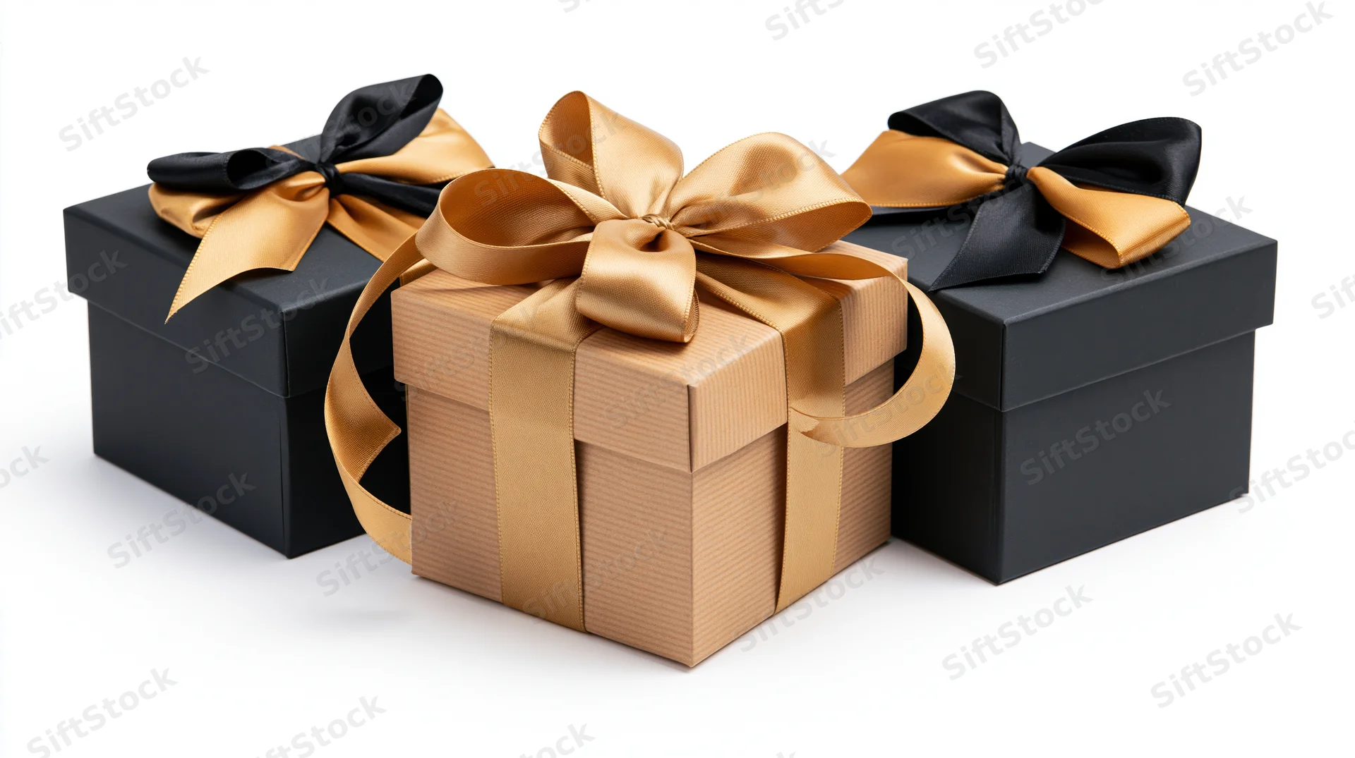 Three gift boxes with black and gold ribbons arranged on white background