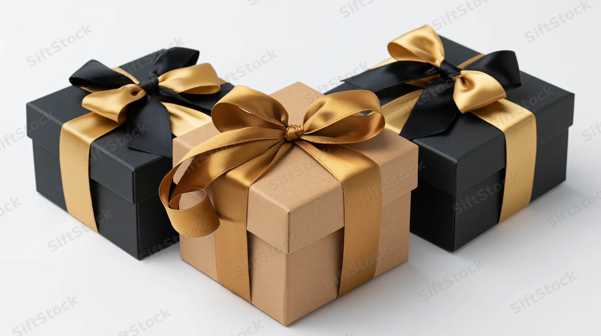 Three gift boxes wrapped in black, gold and brown paper with satin ribbons arranged on a white background