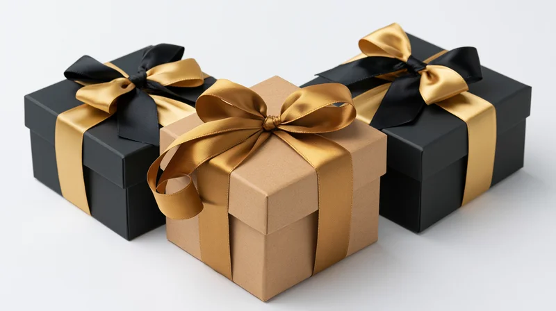 Three gift boxes wrapped in black, gold and brown paper with satin ribbons arranged on a white background