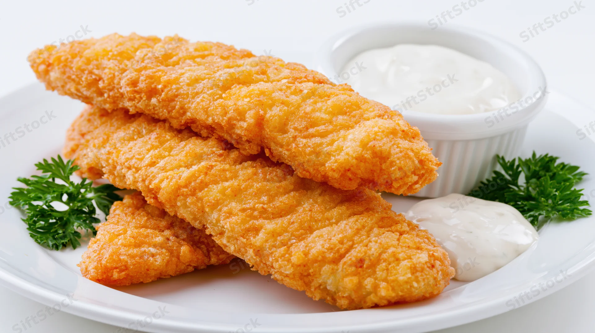 Three golden fried battered fish fillets stacked on a white plate with tartar sauce and parsley garnish