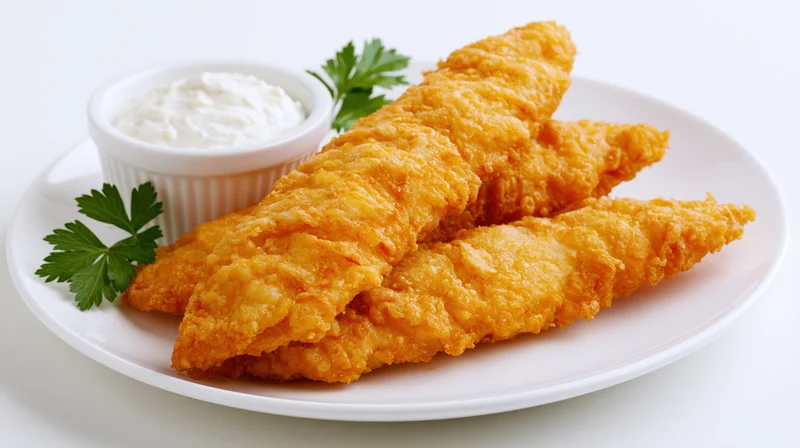 Three golden fried battered fish fillets on a white plate with tartar sauce and parsley garnish