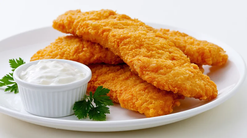 Golden fried battered fish fillets stacked on a white plate with creamy dip and parsley garnish