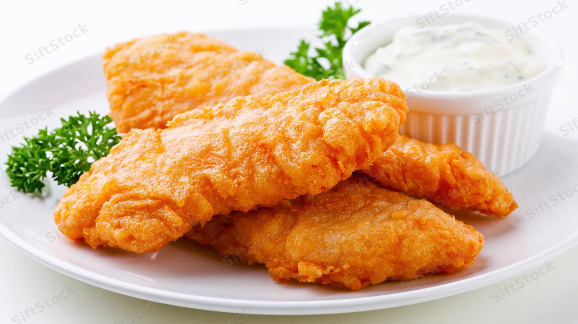 Golden fried battered fish fillets stacked on a white plate with tartar sauce and parsley garnish