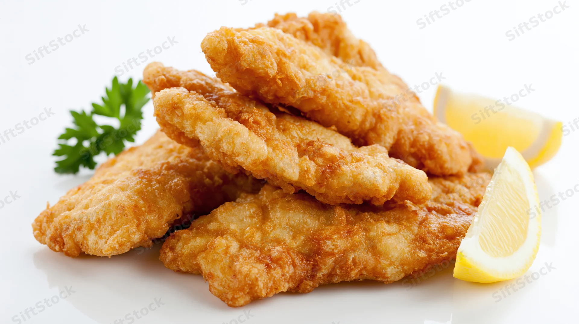 Golden fried fish fillets stacked with lemon and parsley on white plate