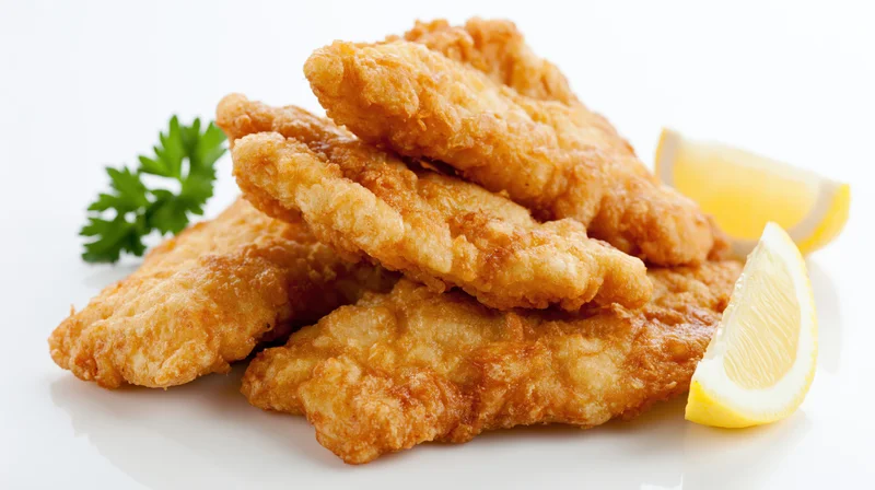 Golden fried fish fillets stacked with lemon and parsley on white plate