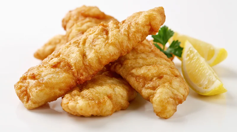 Golden fried fish fillets stacked with lemon wedges and parsley on white surface