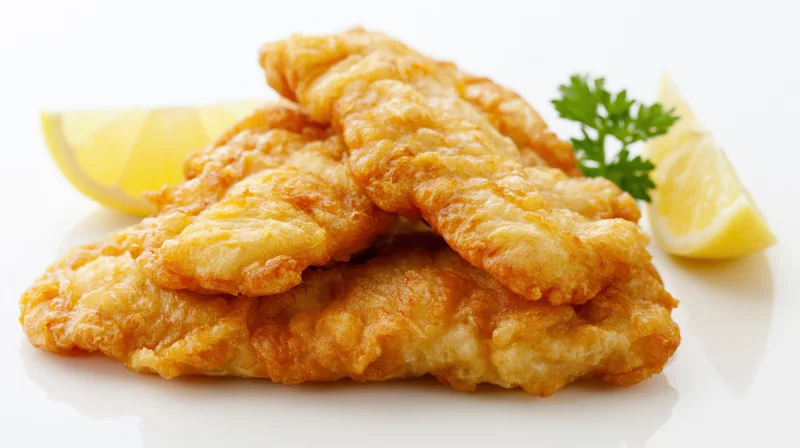 Golden fried fish fillets stacked with lemon wedges and parsley on a white surface