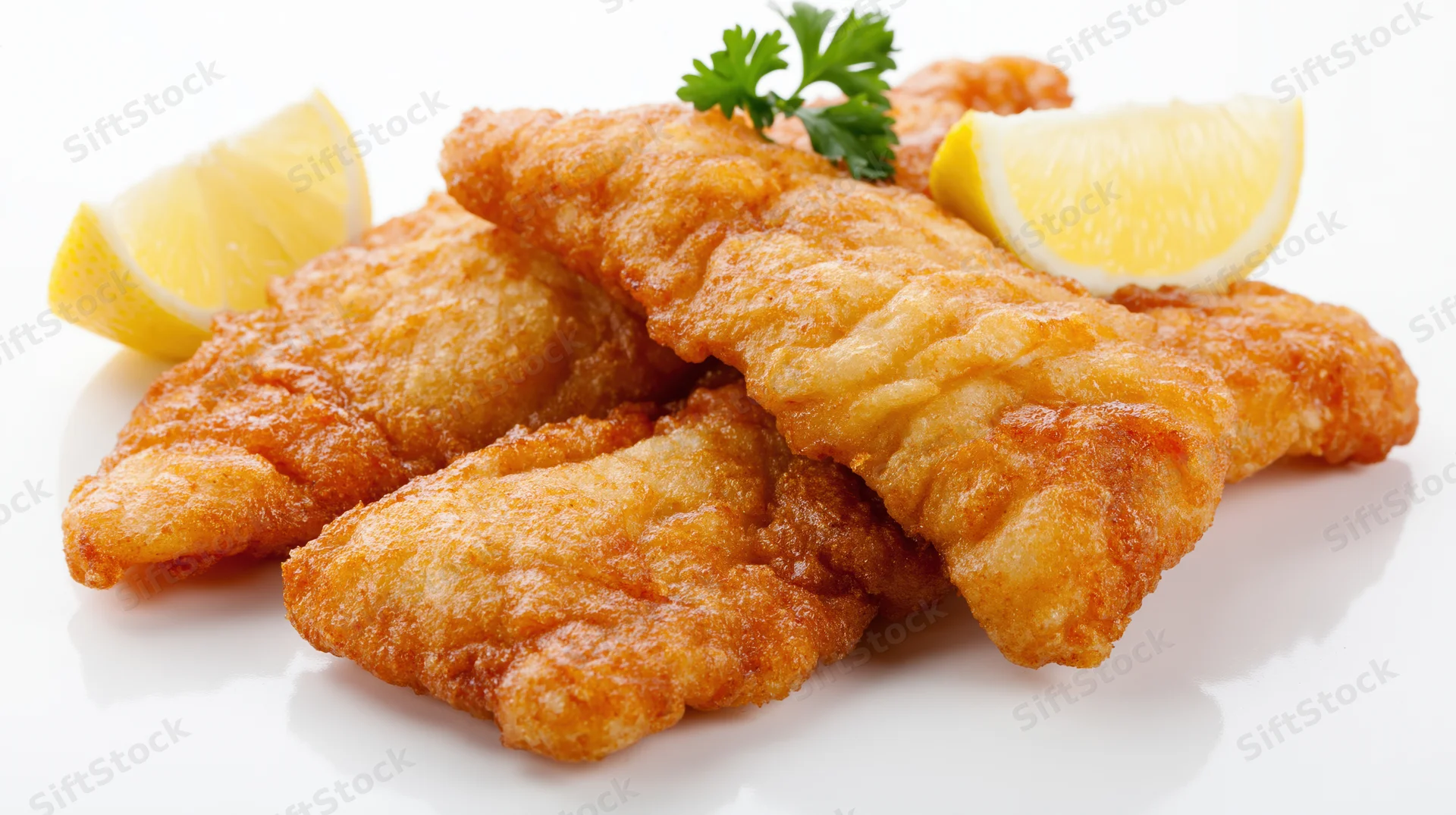 Golden fried fish fillets stacked with lemon wedges and parsley on white surface