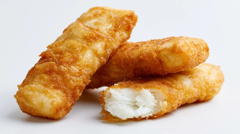 Three golden battered fish fingers stacked with one broken to show flaky white interior on white background