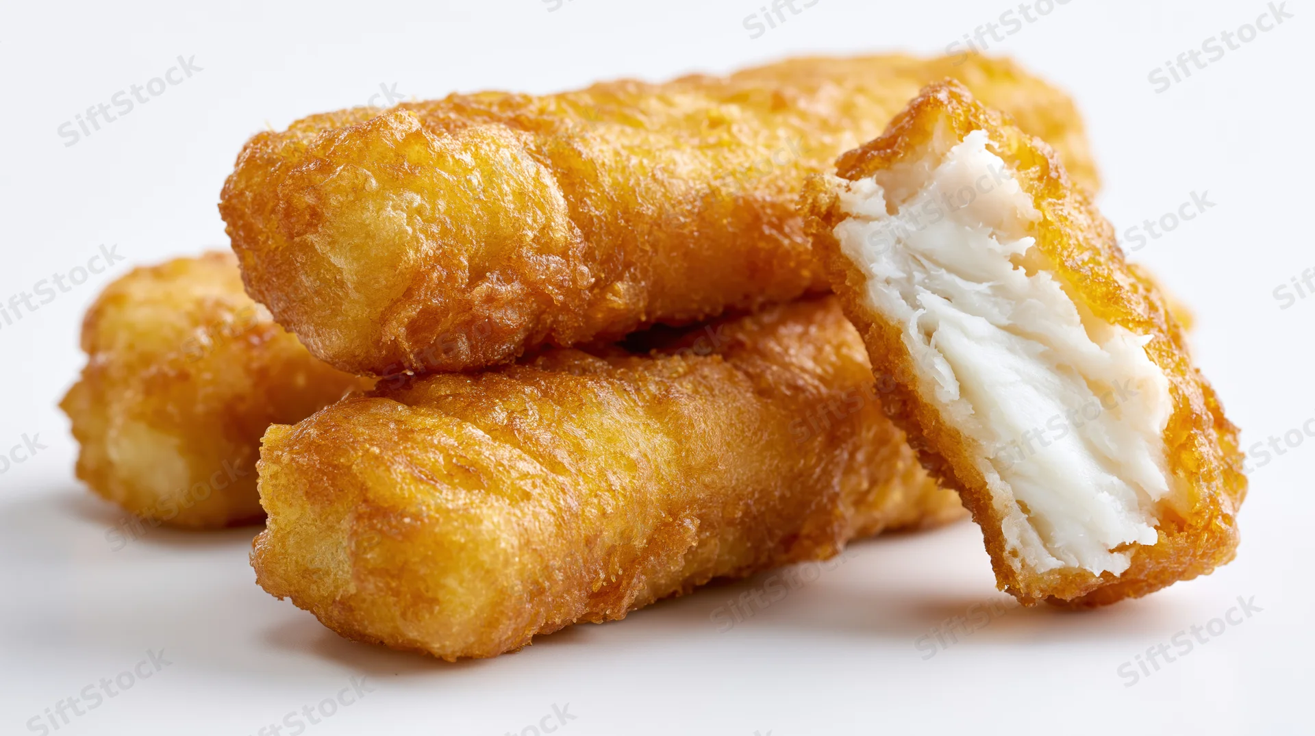Golden battered fish fingers stacked with one broken to show white interior on white background