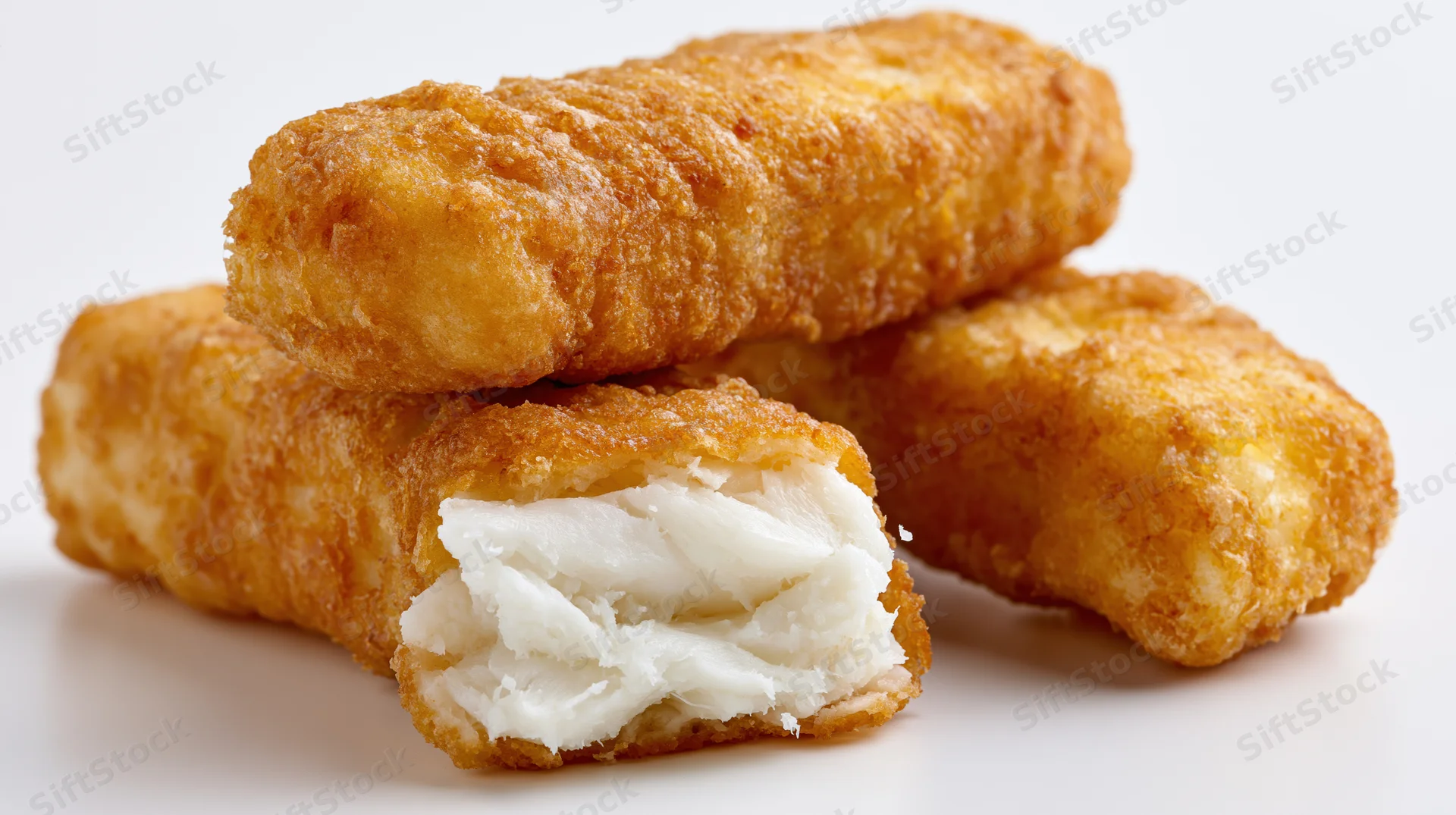 Three golden battered fish fingers stacked with one broken to show white fish interior on white background