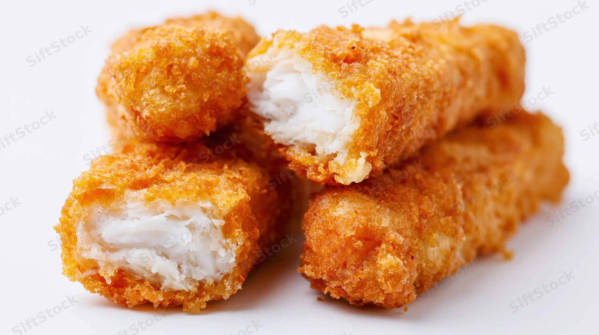 Golden battered fish fingers stacked with one broken to show white interior on white background