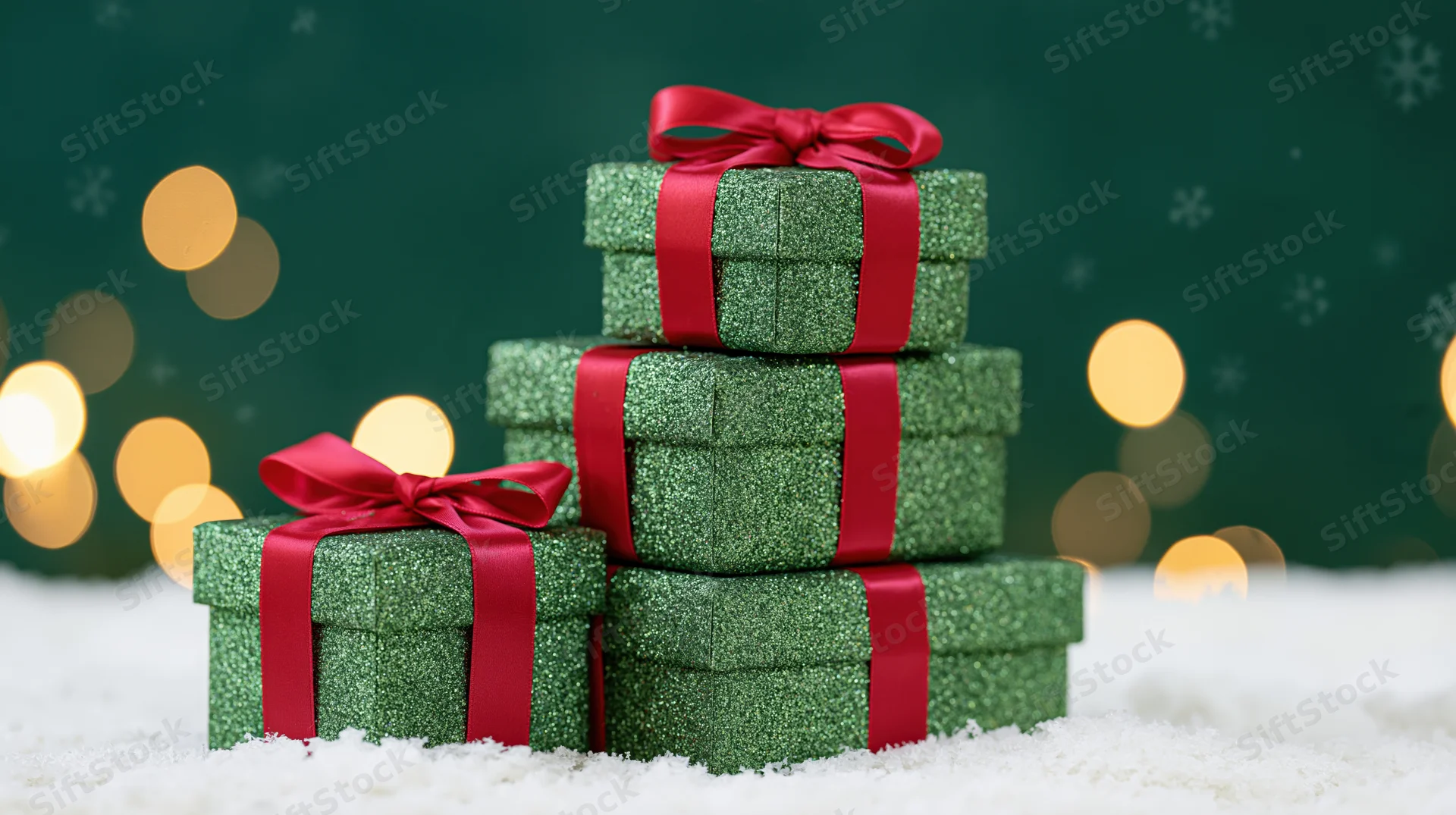 Stacked green glitter gift boxes with red ribbons on snowy surface against dark green background with bokeh lights