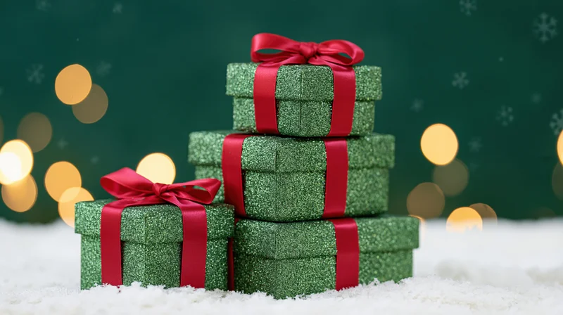Stacked green glitter gift boxes with red ribbons on snowy surface against dark green background with bokeh lights