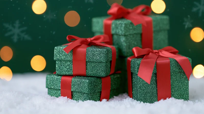 Green glitter-wrapped gift boxes stacked in snow with bokeh lights behind
