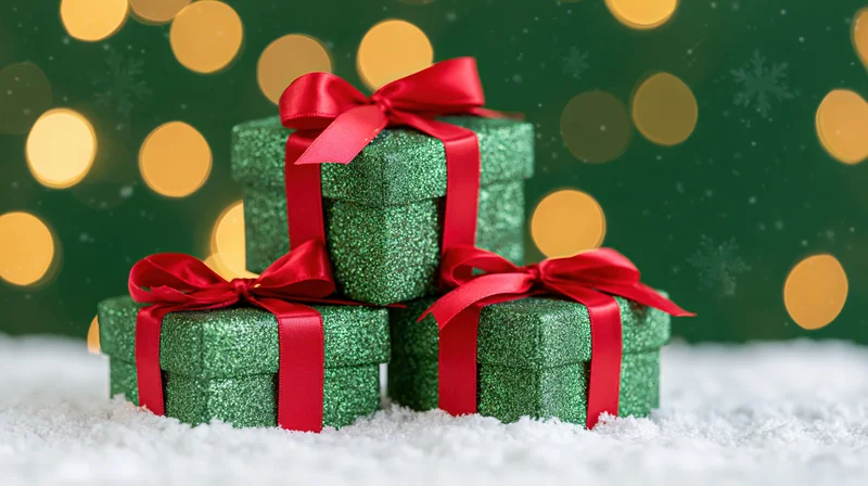 Three green glitter-wrapped gift boxes with red ribbons stacked on snow against a bokeh-lit green background