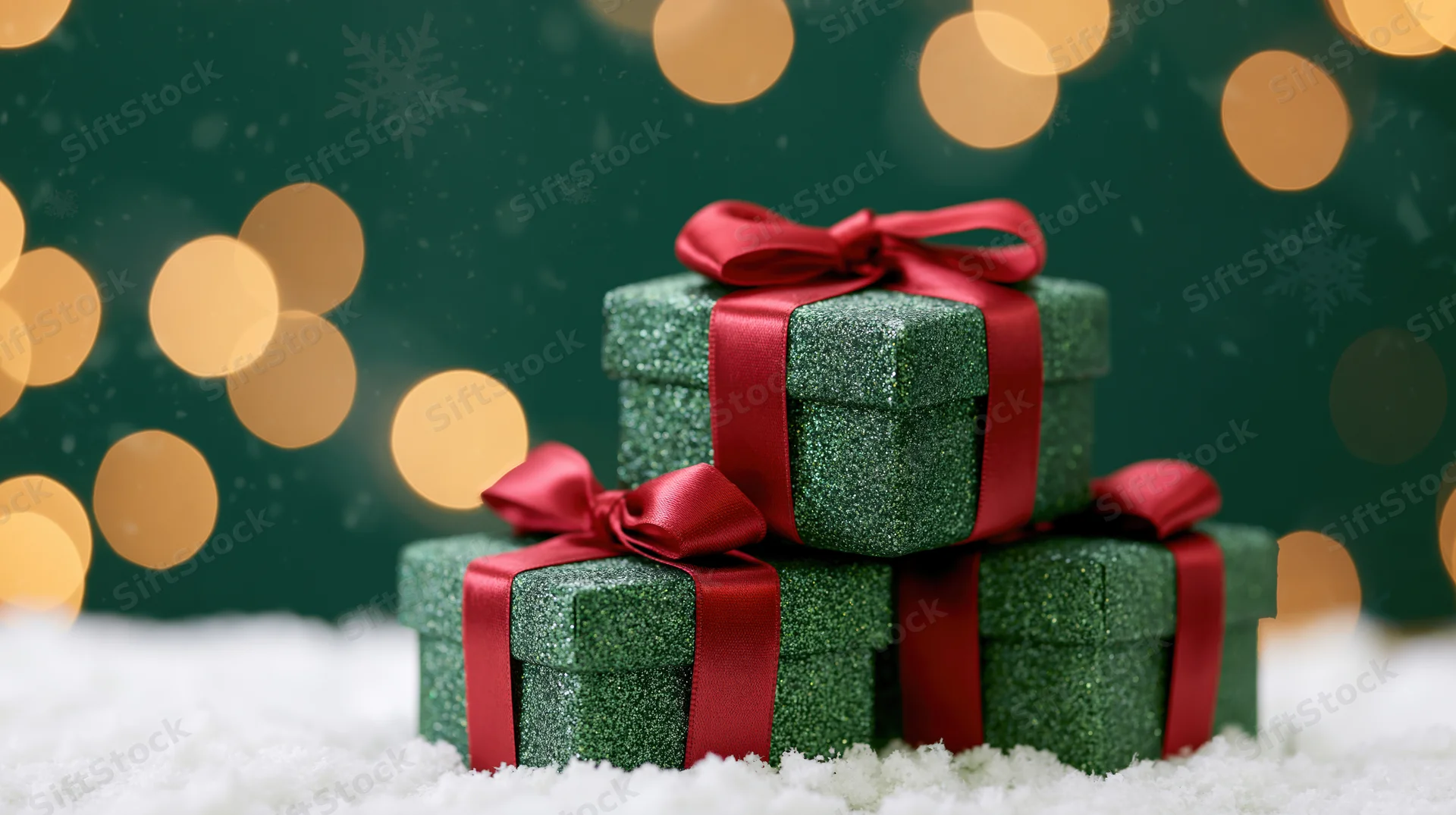 Three green glitter gift boxes with red ribbons stacked on snow against bokeh lights