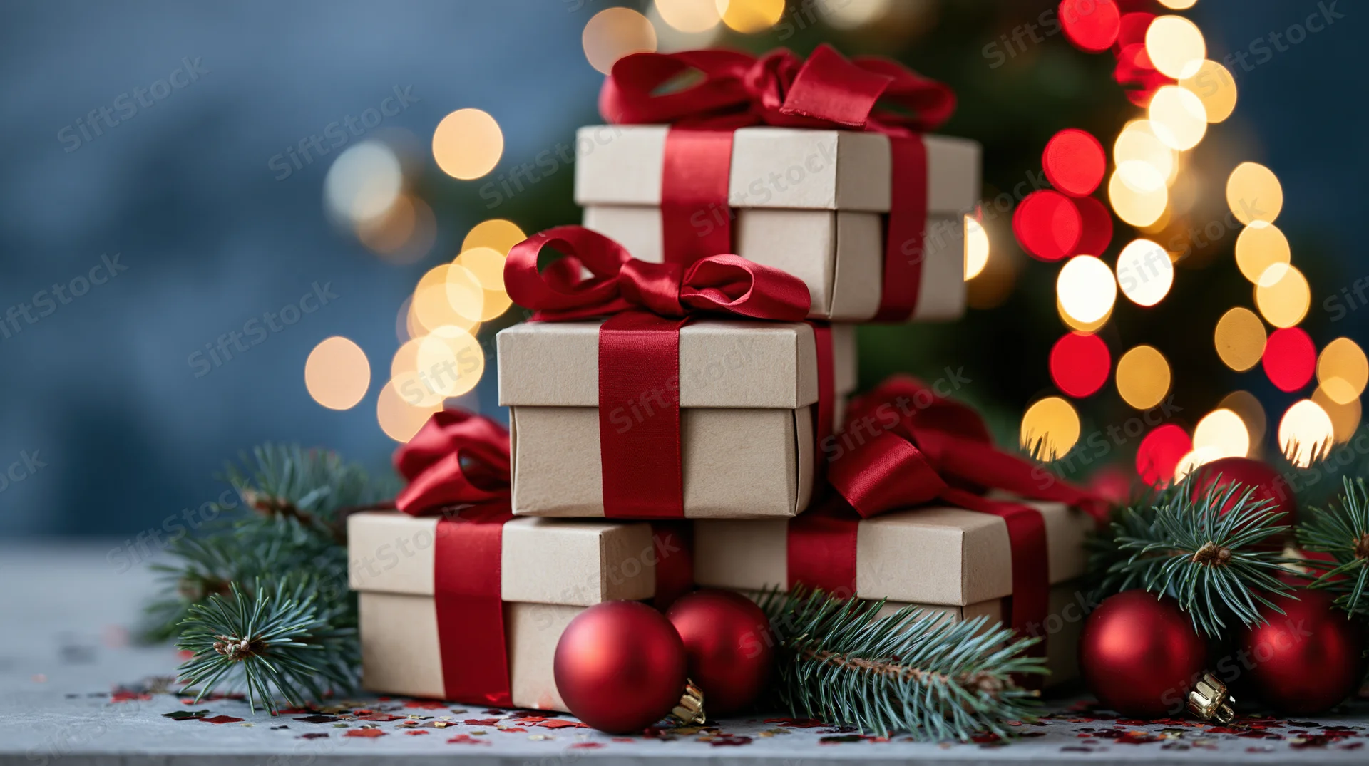 Stack of kraft paper gift boxes tied with red satin ribbons surrounded by pine branches and red ornaments with blurred holiday lights in the background