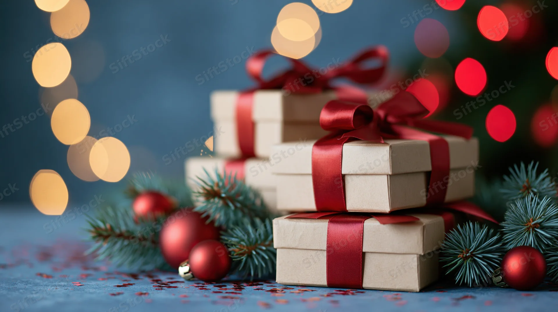 Stack of kraft paper gift boxes tied with red satin ribbons surrounded by pine branches and red ornaments on a blue surface with blurred holiday lights in the background
