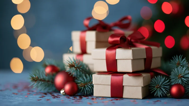 Stack of kraft paper gift boxes tied with red satin ribbons surrounded by pine branches and red ornaments on a blue surface with blurred holiday lights in the background