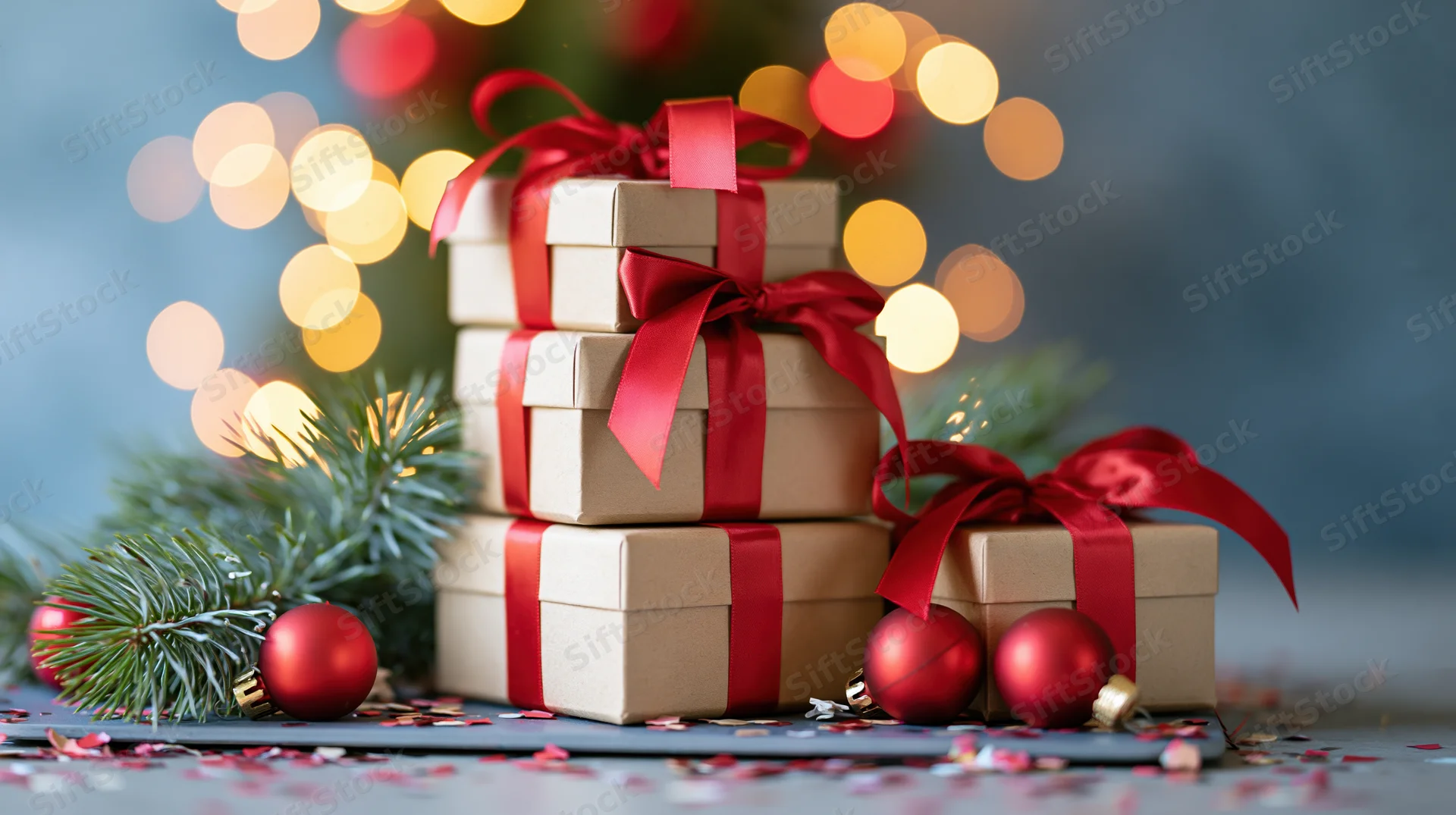 Stack of kraft gift boxes tied with red satin ribbons surrounded by pine branches and red ornaments with blurred holiday lights in the background