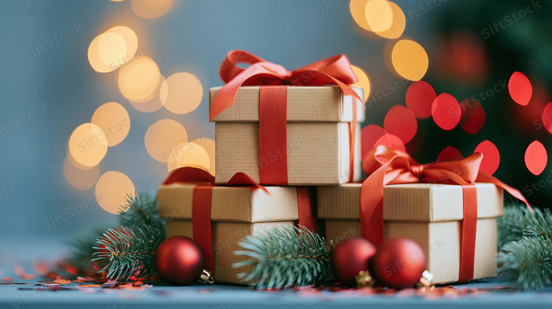 Stacked kraft paper gift boxes with red satin ribbons and pine sprigs surrounded by red ornaments and bokeh lights