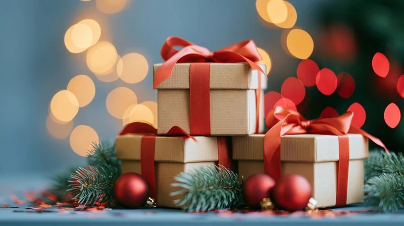 Stacked kraft paper gift boxes with red satin ribbons and pine sprigs surrounded by red ornaments and bokeh lights