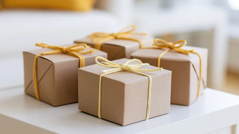 Four kraft paper gift boxes tied with yellow twine bows arranged on a white table