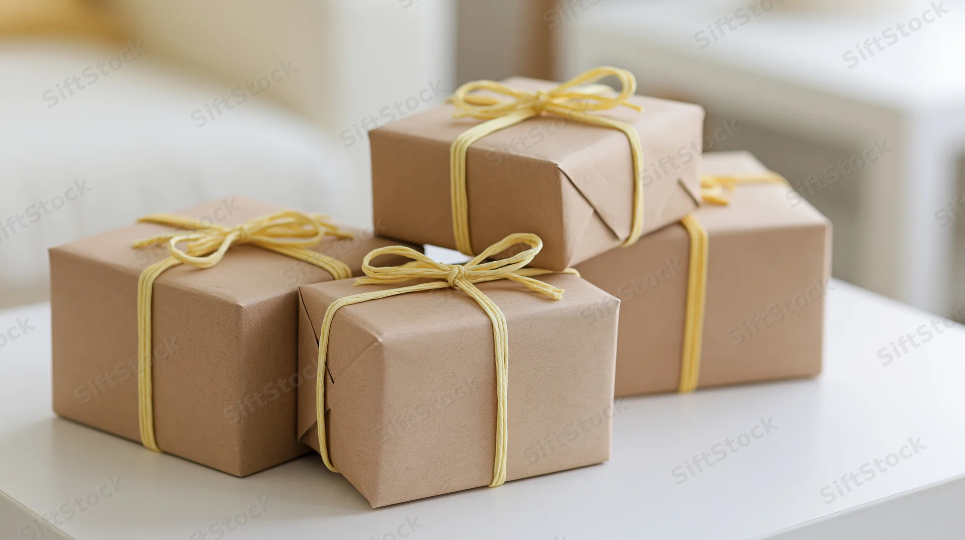 Four kraft paper gift boxes tied with yellow twine bows arranged on a white table indoors