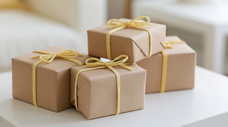 Four kraft paper gift boxes tied with yellow twine bows arranged on a white table indoors