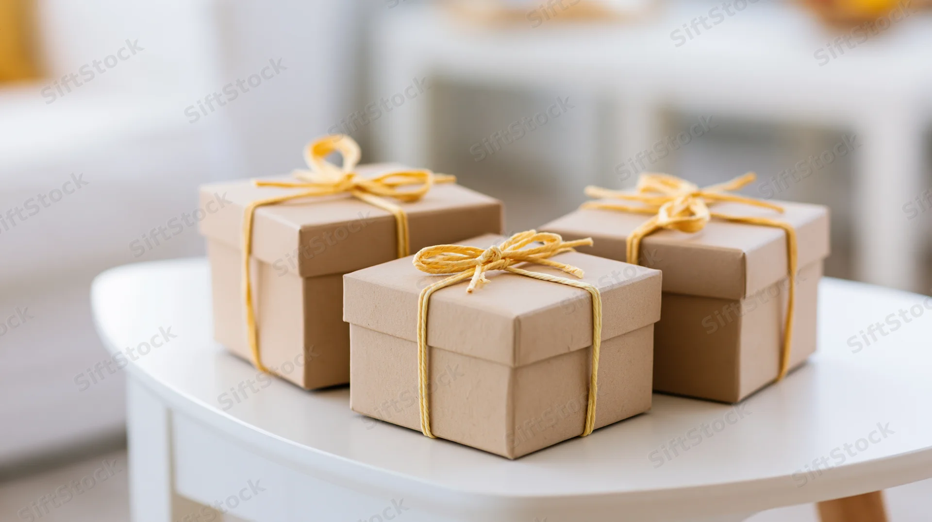 Three kraft paper gift boxes tied with yellow twine bows on a white round table