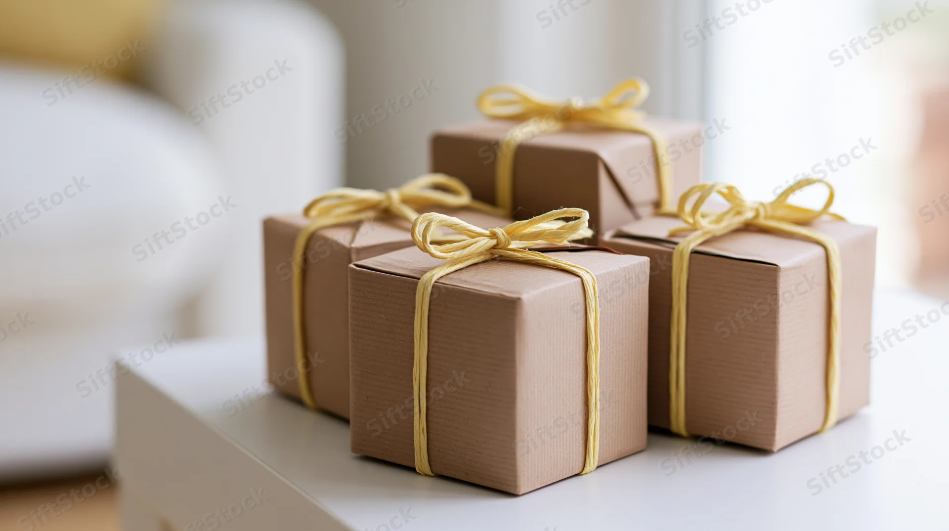 Four kraft paper gift boxes tied with yellow twine bows arranged on a white table indoors