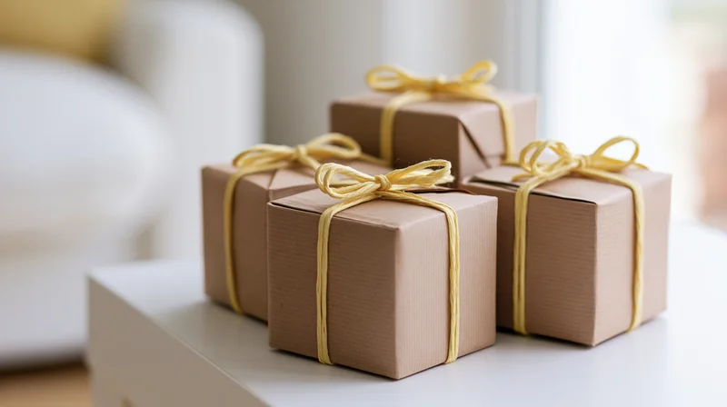 Four kraft paper gift boxes tied with yellow twine bows arranged on a white table indoors