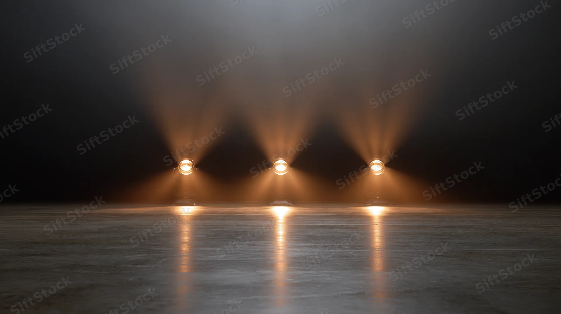 Three stage uplights casting warm beams on a dark polished floor with smoke and reflections