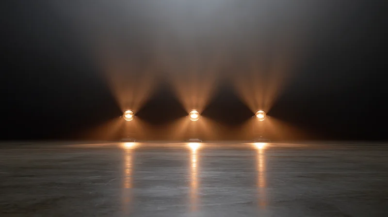 Three stage uplights casting warm beams on a dark polished floor with smoke and reflections