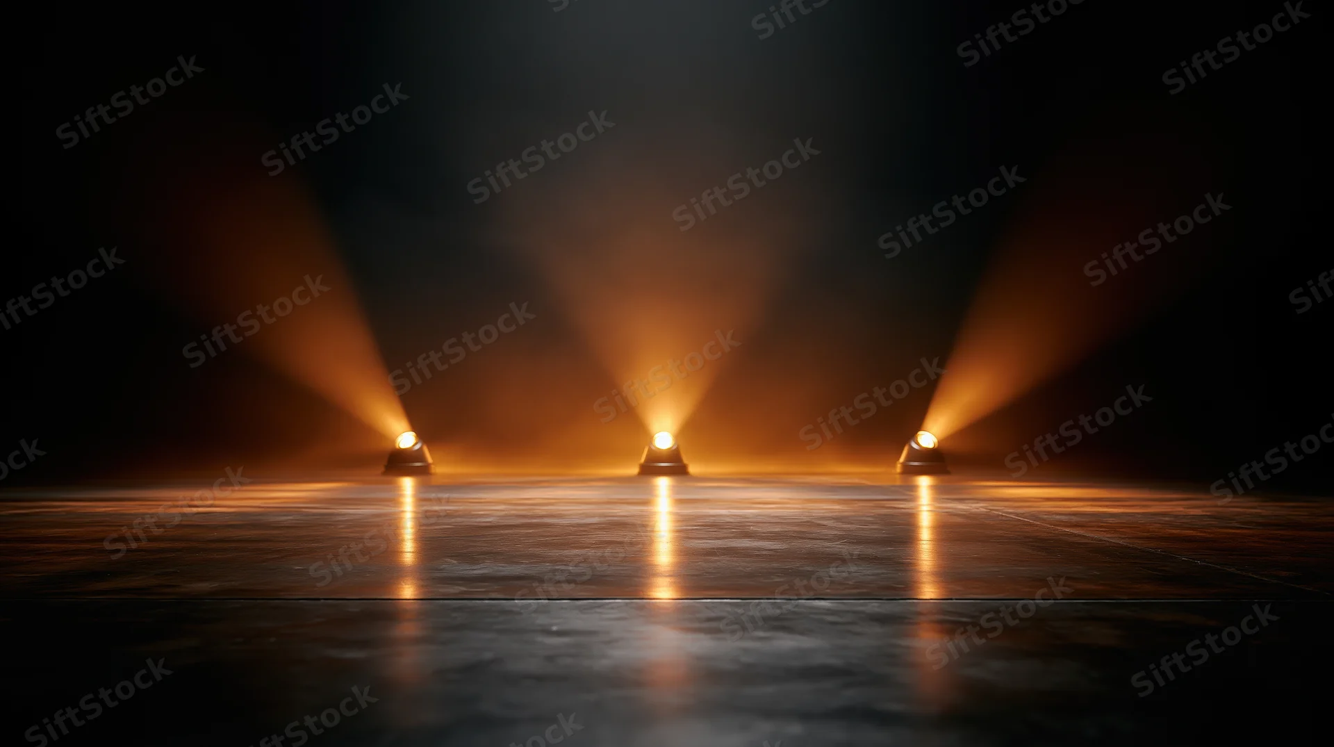 Three stage uplights casting warm beams on a dark polished floor in a theater setting