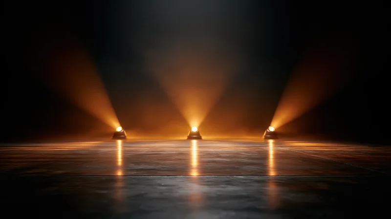 Three stage uplights casting warm beams on a dark polished floor in a theater setting