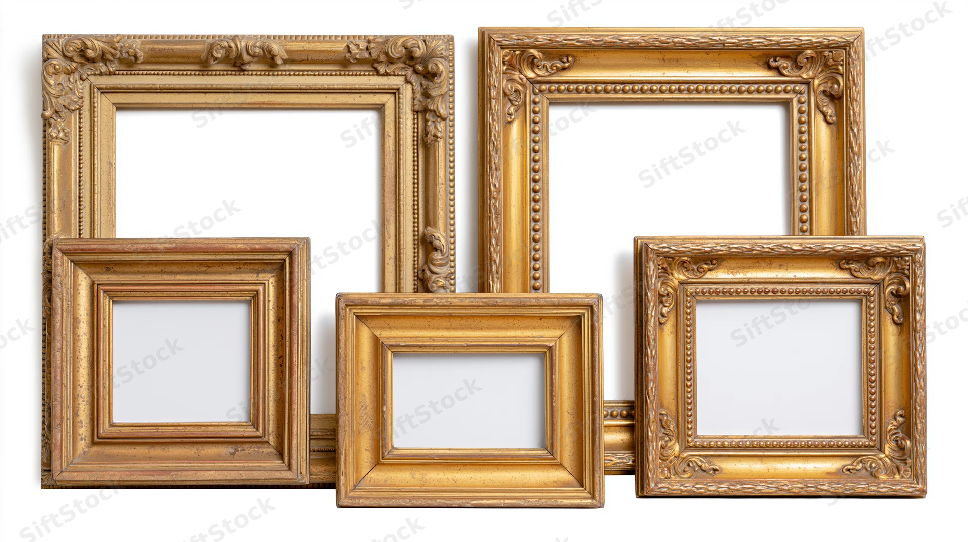 Five ornate gilded picture frames arranged in a group against a plain white background