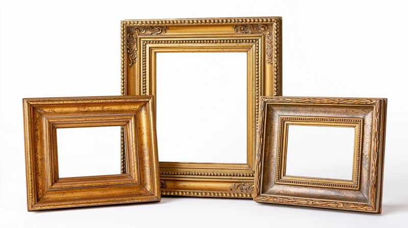 Three ornate gilded picture frames arranged against a plain white background