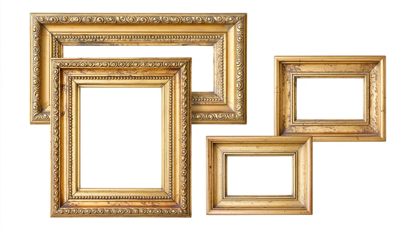Four ornate gilded picture frames arranged in overlapping positions against a plain white background