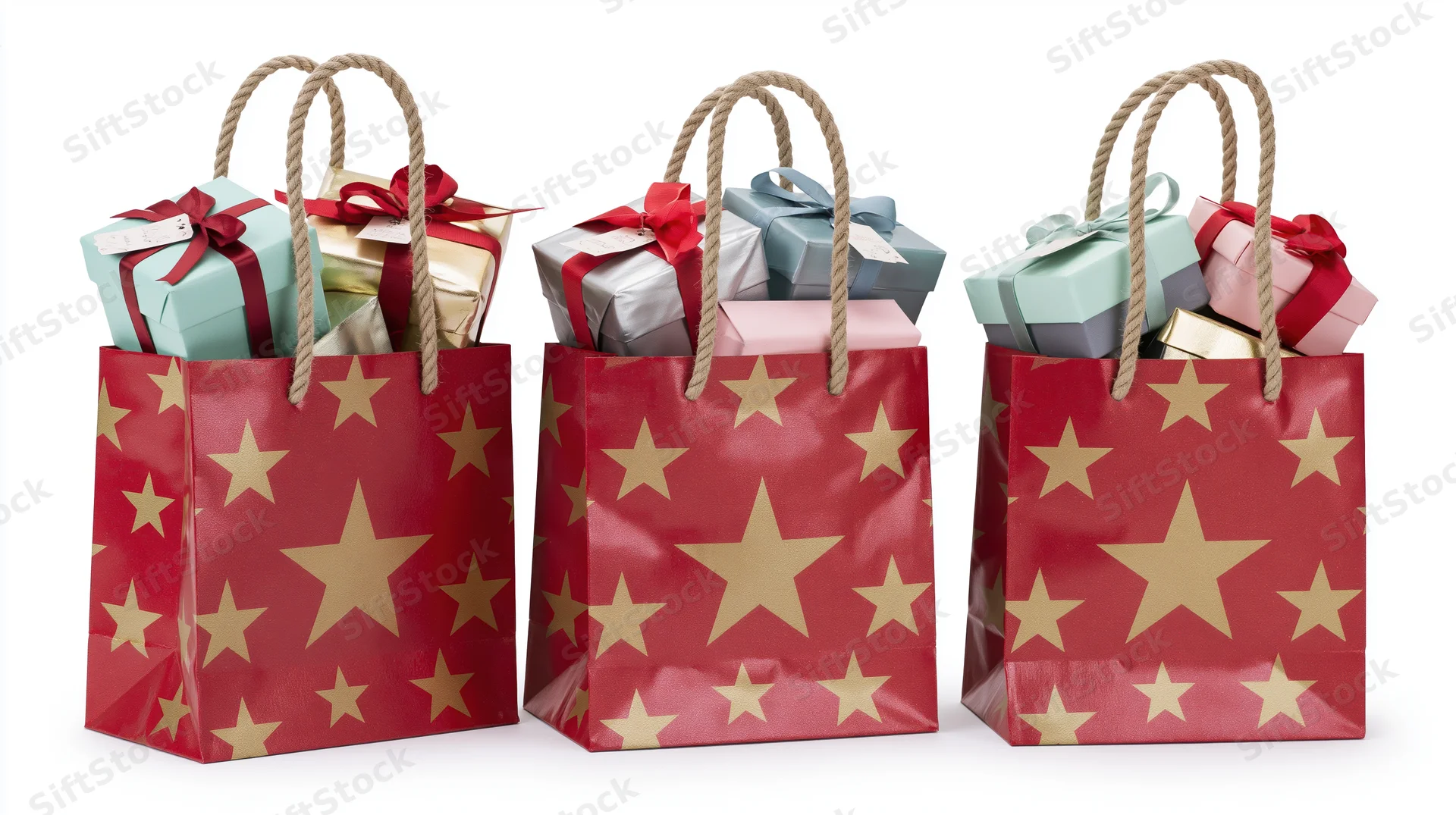 Three red gift bags with gold star print and rope handles filled with wrapped presents on white background