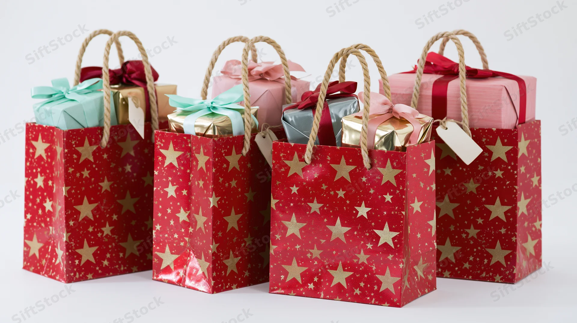 Red gift bags with gold stars and rope handles filled with wrapped presents on white background